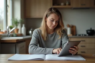 Femme révisant le code de la route avec un livre et une tablette à la maison