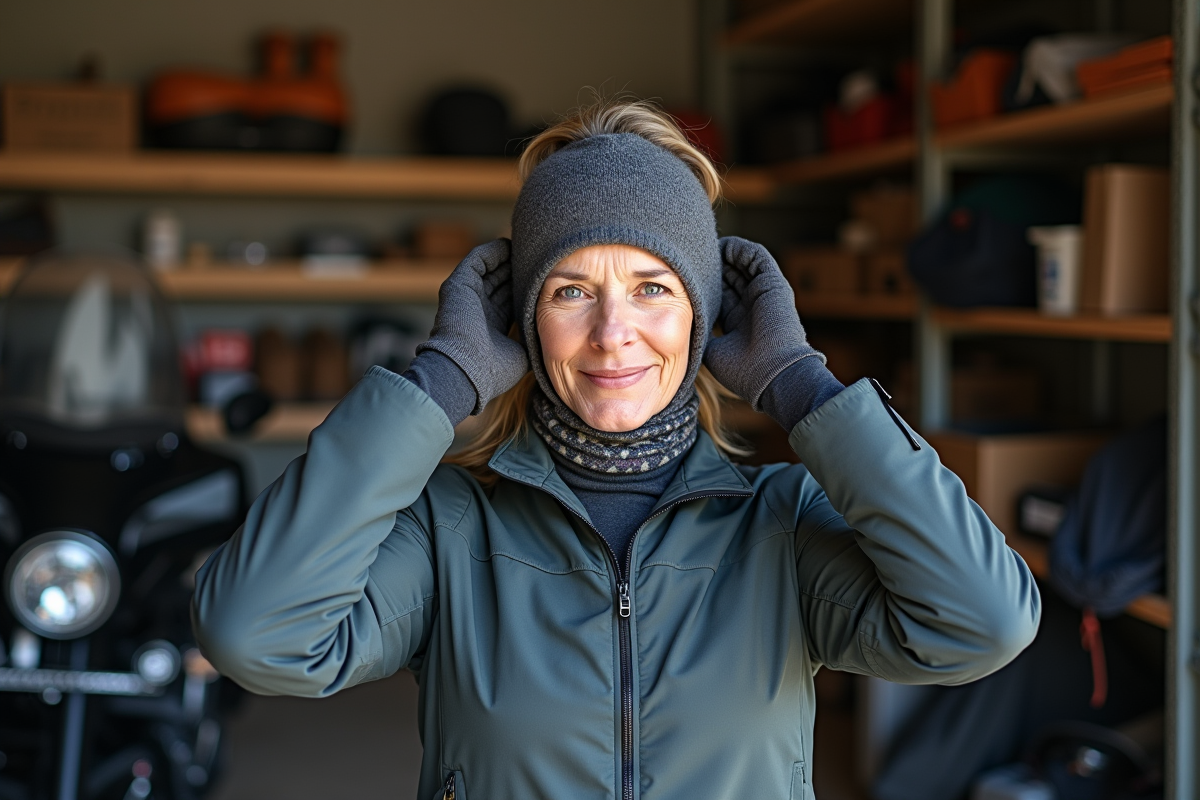 Femme préparant son casque dans un garage