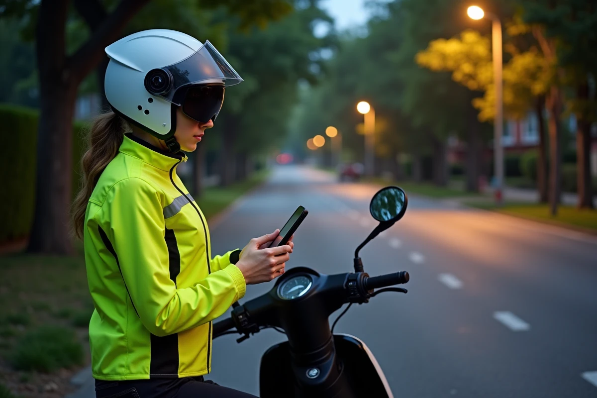 Femme à scooter consultant son GPS smartphone sur une route de banlieue la nuit