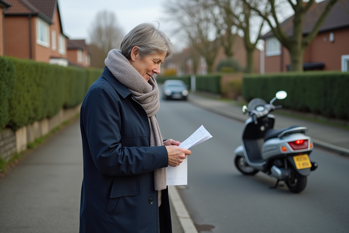 Femme vérifiant un reçu de carburant devant son scooter