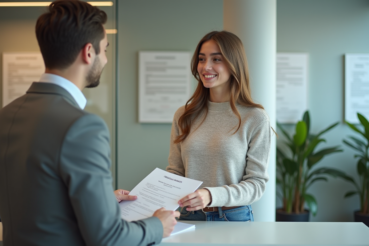 Jeune femme remettant des papiers à un agent administratif