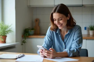 Femme souriante utilisant son smartphone dans une cuisine moderne