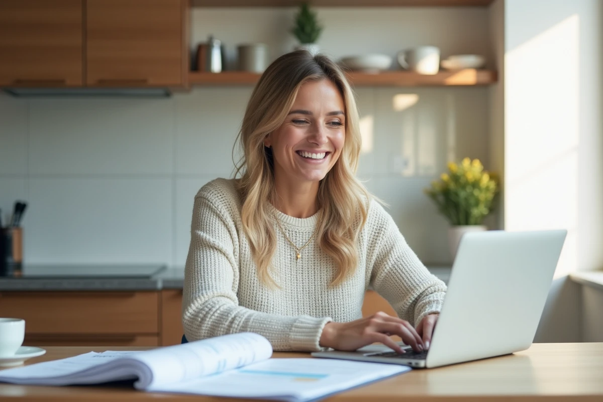 Femme souriante dans sa cuisine avec papiers et ordinateur
