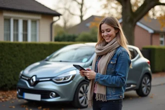 Jeune femme souriante avec une Clio 5 en automne