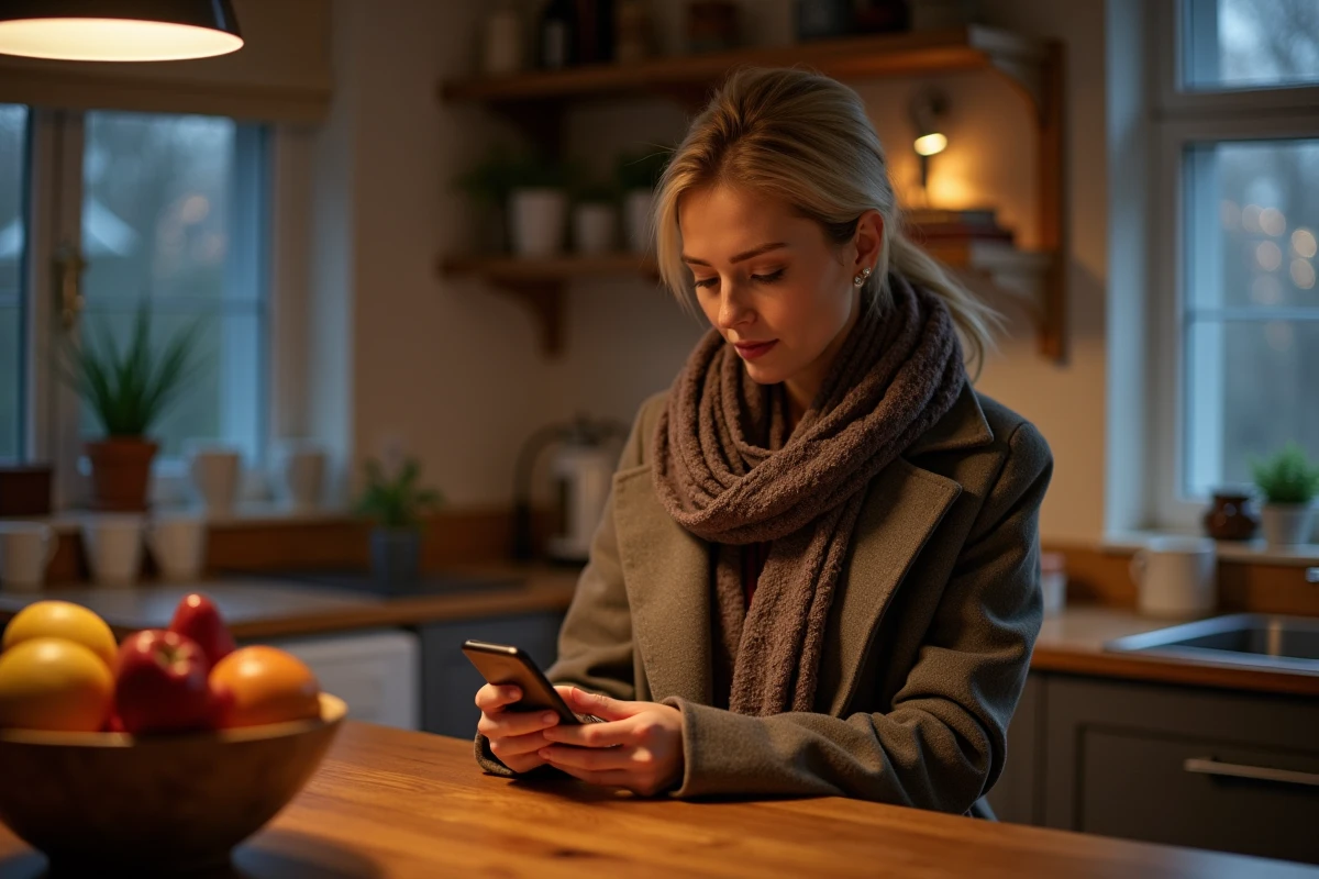 Femme dans la cuisine utilisant un smartphone avec une application