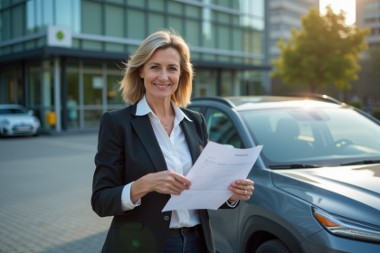 Femme souriante avec document de voiture et voiture hybride