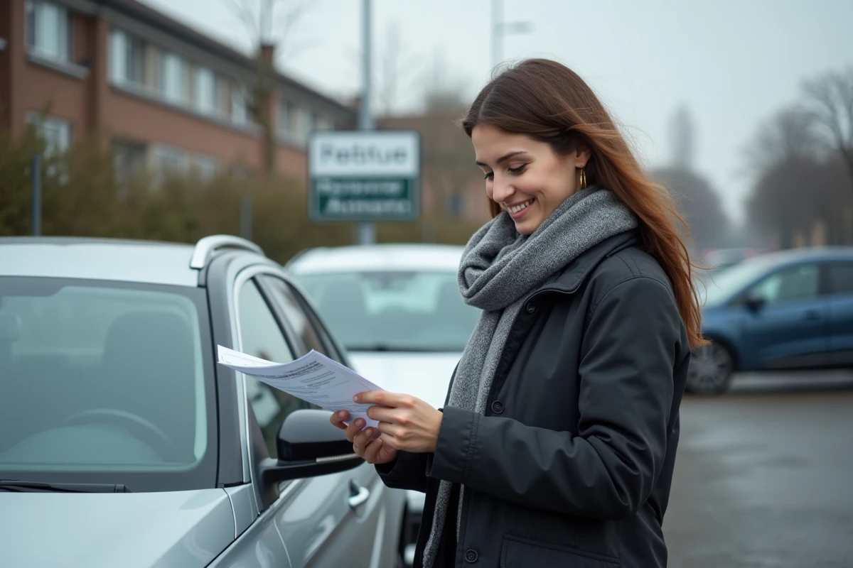 Jeune femme inspecte papiers voiture devant une voiture grise