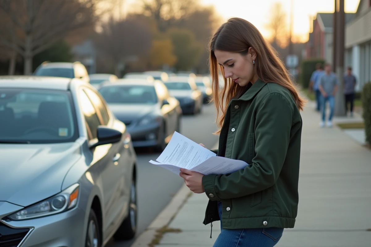 Jeune femme examinant un rapport voiture à l
