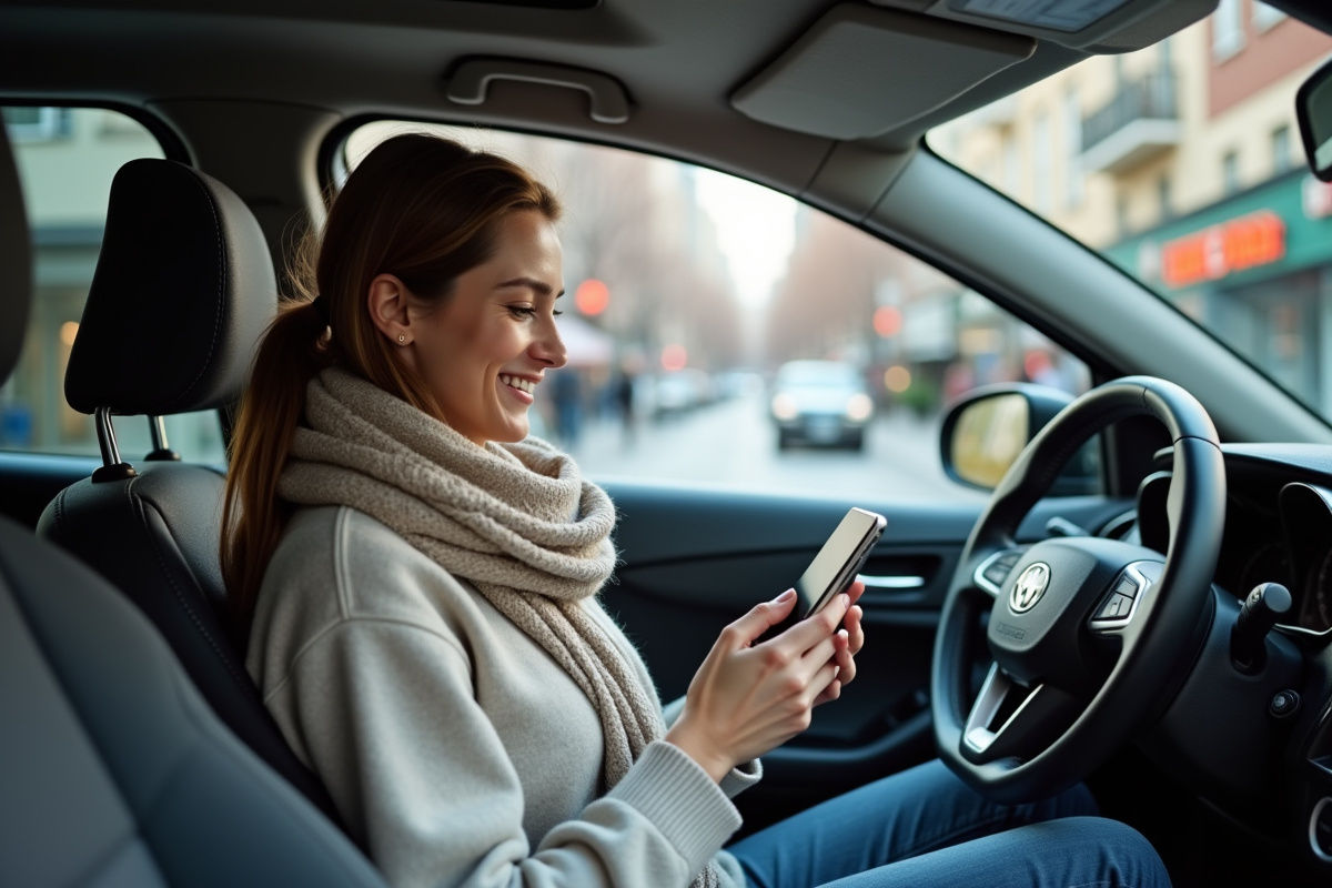 Jeune femme souriante dans sa voiture en ville