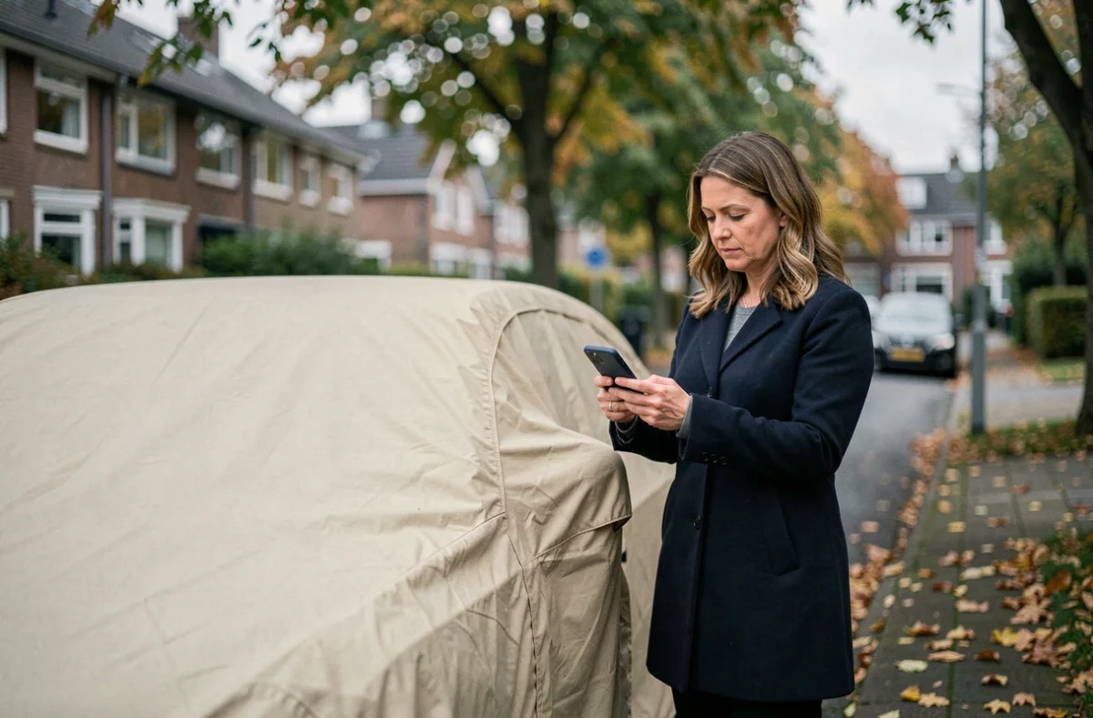 Femme consultant son téléphone devant une voiture recouverte d'une bâche dans une rue résidentielle, thème assurance auto obligatoire
