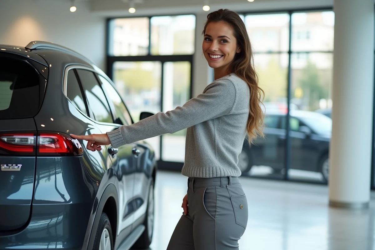 Femme souriante pointe le logo d