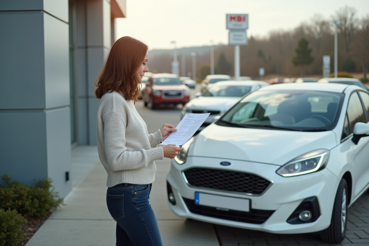 Femme regardant sa voiture d occasion devant un concessionnaire