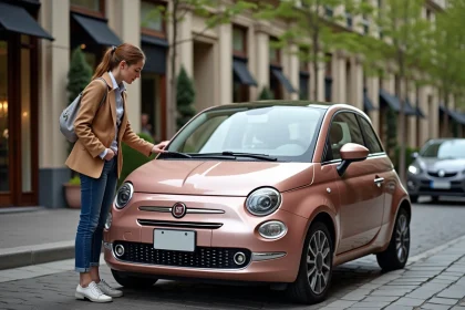 Femme curieuse examine une Fiat 500 rose gold en ville