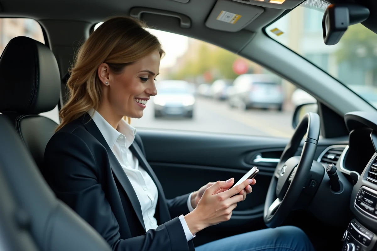 Femme professionnelle dans sa voiture vérifiant ses points sur smartphone