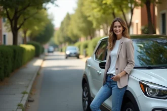 Femme souriante à côté d'une voiture compacte en banlieue