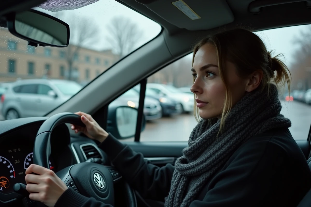 Jeune femme dans sa voiture en parking urbain