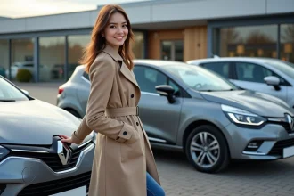Jeune femme souriante près de trois Renault Clio 5 gris