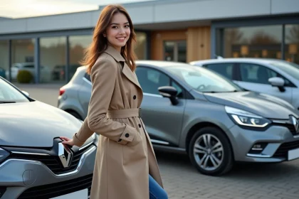 Jeune femme souriante près de trois Renault Clio 5 gris