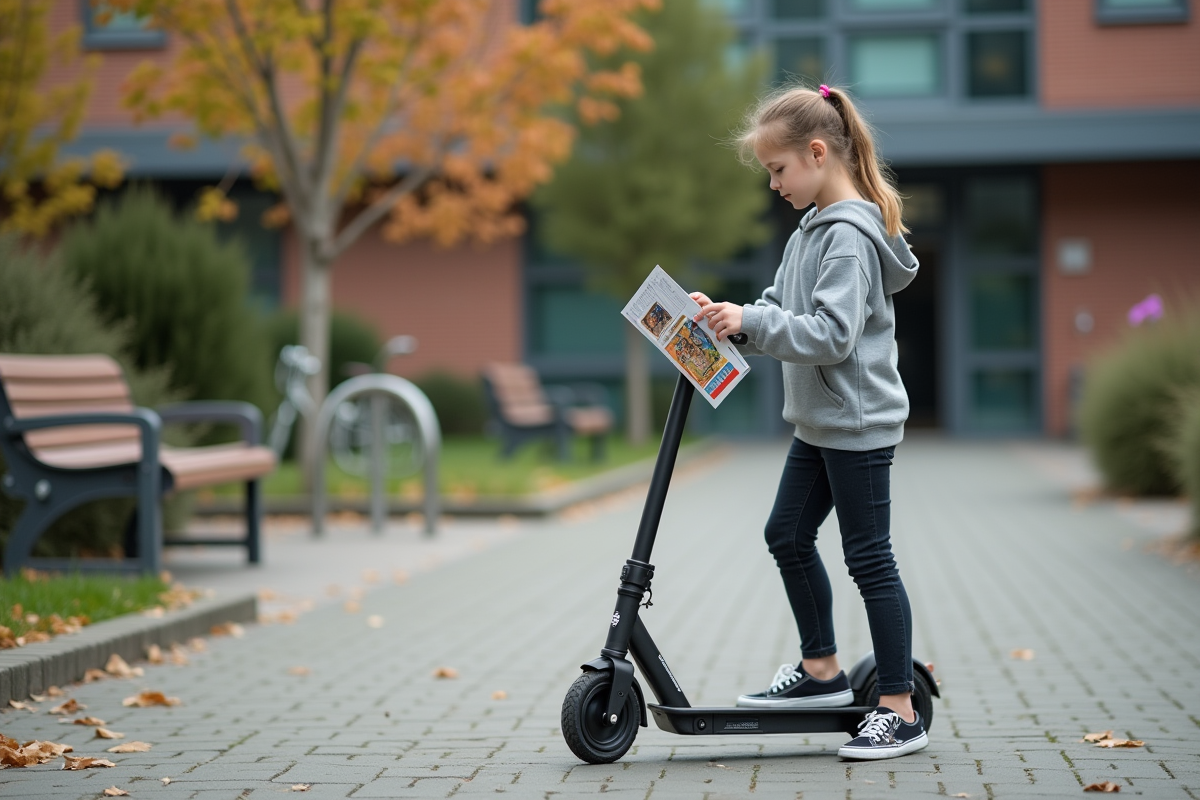 Jeune fille avec scooter dans la cour d ecole