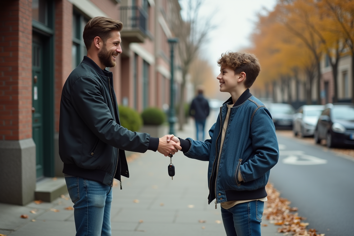 Fils donnant les clés à sa mère devant l