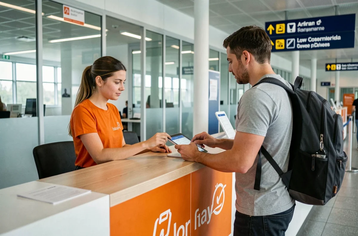 Comptoir Flizzr à l'aéroport de Beauvais-Tillé avec agent et client