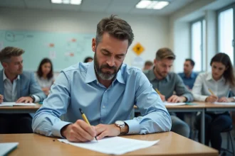 Homme d'âge moyen remplissant un formulaire en classe moderne