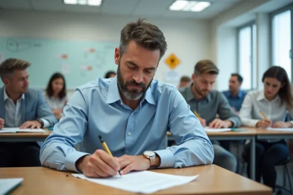 Homme d'âge moyen remplissant un formulaire en classe moderne