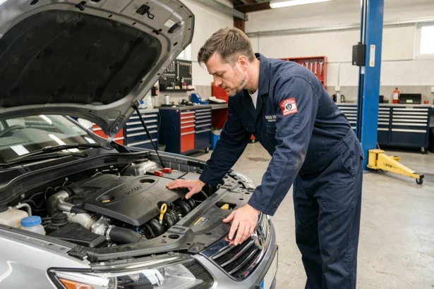 Mécanicien professionnel inspectant le moteur d'une voiture dans un garage automobile du Puy-de-Dôme