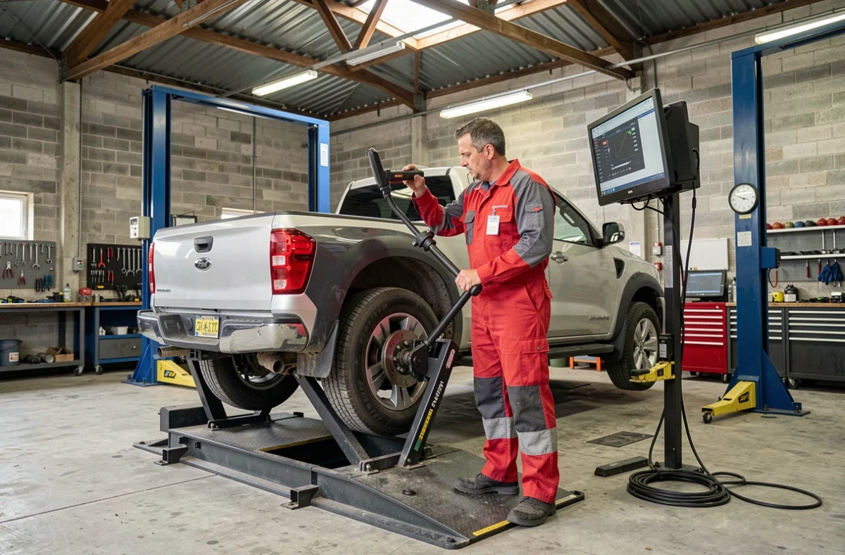Mécanicien du Garage Boinet à Smermesnil effectuant un contrôle de géométrie sur un pick-up dans un grand atelier rural