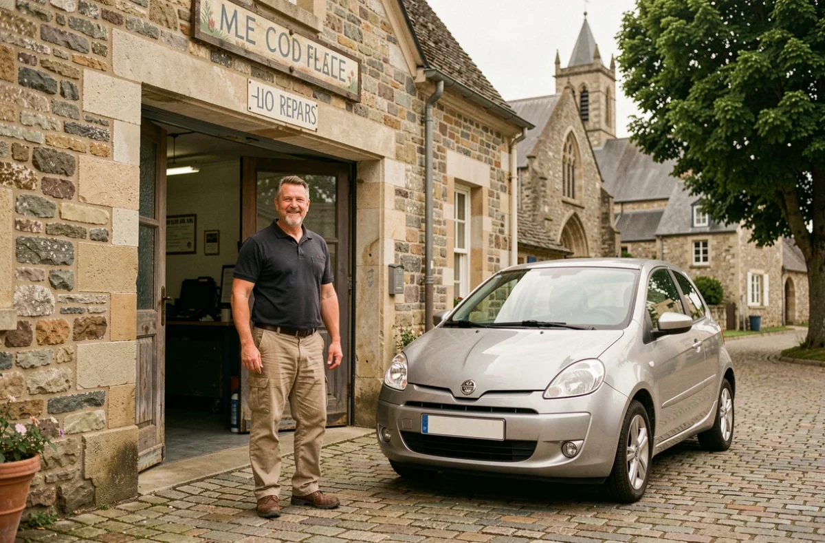 Mécanicien du Garage de la Mairie devant une façade en pierre normande avec une voiture garée sur le parvis du village