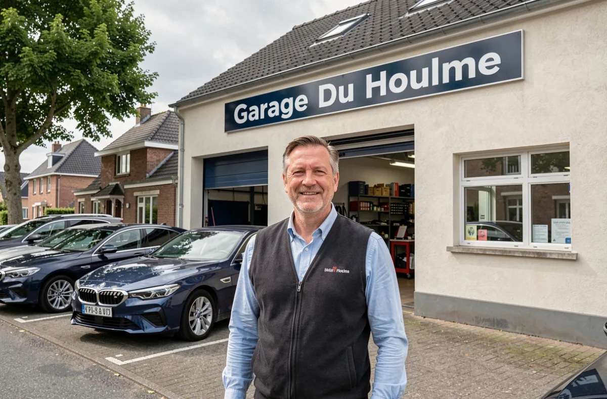 Propriétaire du Garage Du Houlme devant la façade de son établissement avec le parvis et les voitures en avant-plan