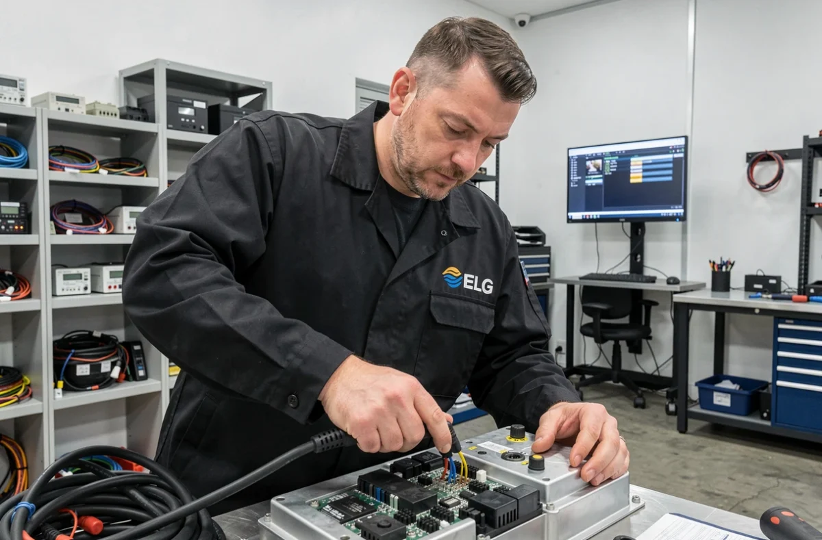 Électricien auto du Garage ELG connectant des câbles de diagnostic à une unité de contrôle électronique dans un atelier spécialisé