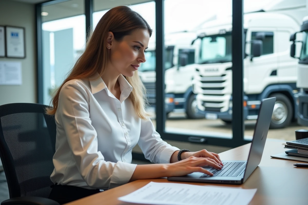 Responsable de flotte analysant des aides financières pour le renouvellement de camions 38 tonnes dans un bureau de société de transport