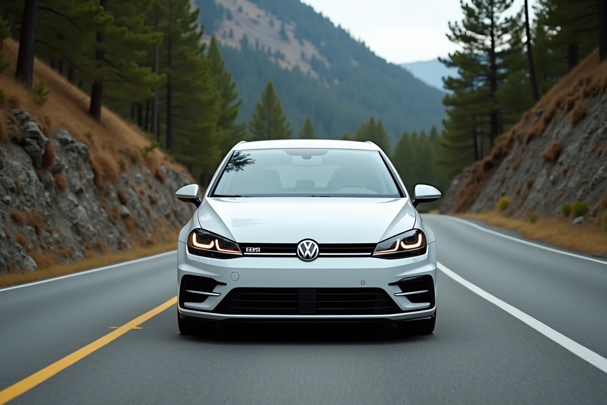 Volkswagen Golf 7 blanche en virage sur route de montagne pour test de performance et poids