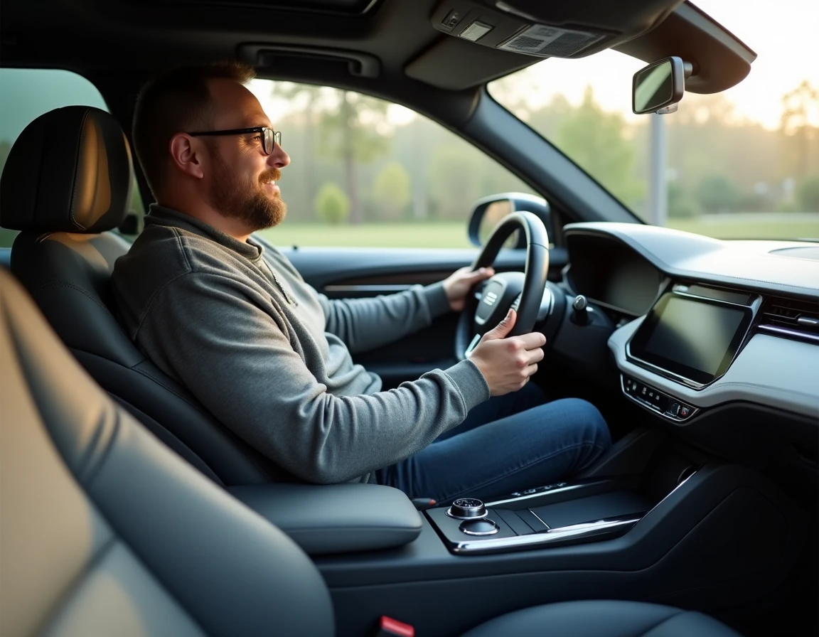 Grand gabarit installé confortablement dans un SUV spacieux avec beaucoup d'espace pour les jambes et la tête
