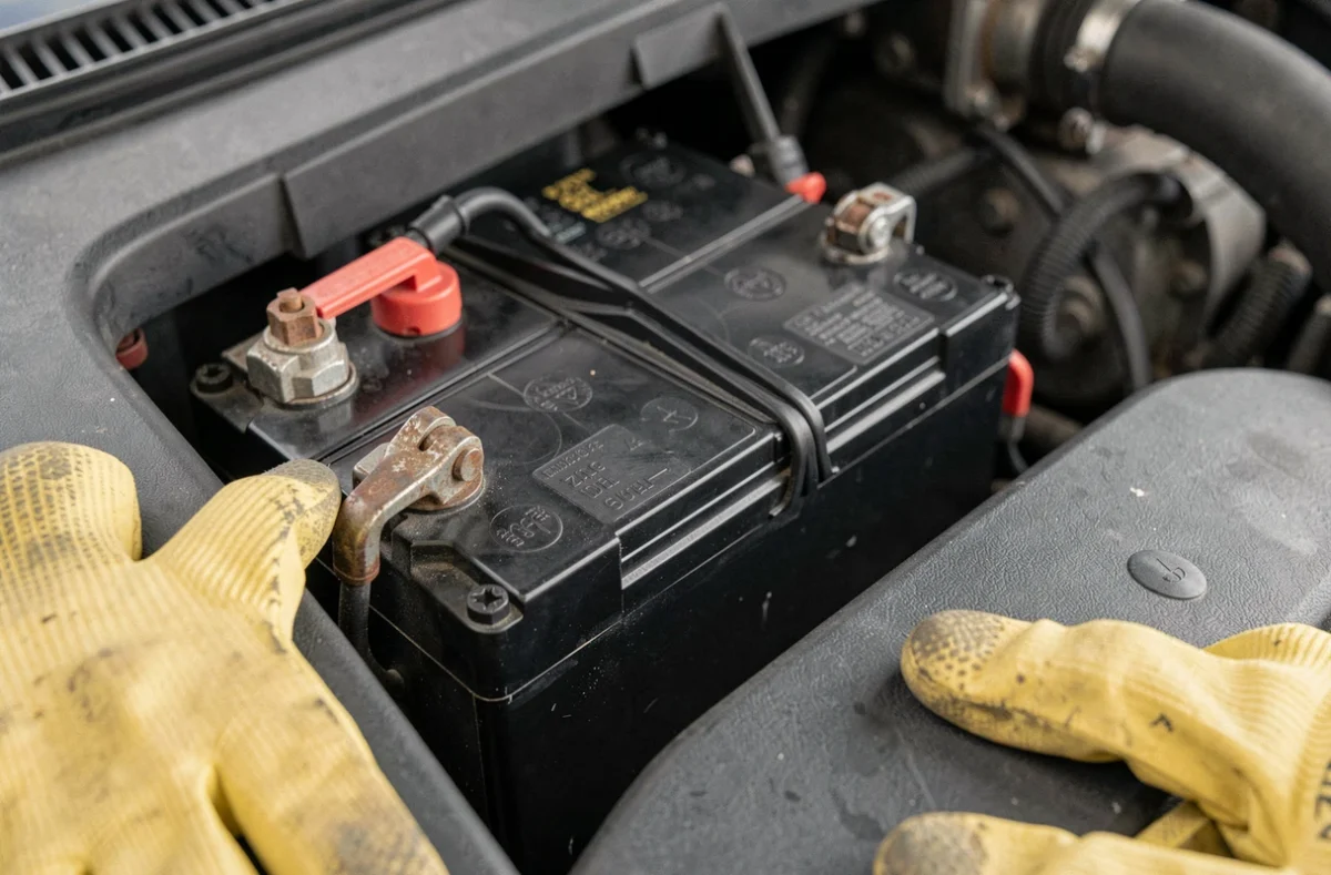 Gros plan sur une batterie de voiture avec une borne déconnectée et des gants isolants posés à côté