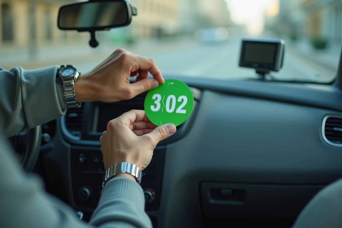 Gros plan d'une main collant une vignette Crit'Air verte sur le pare-brise intérieur d'une voiture