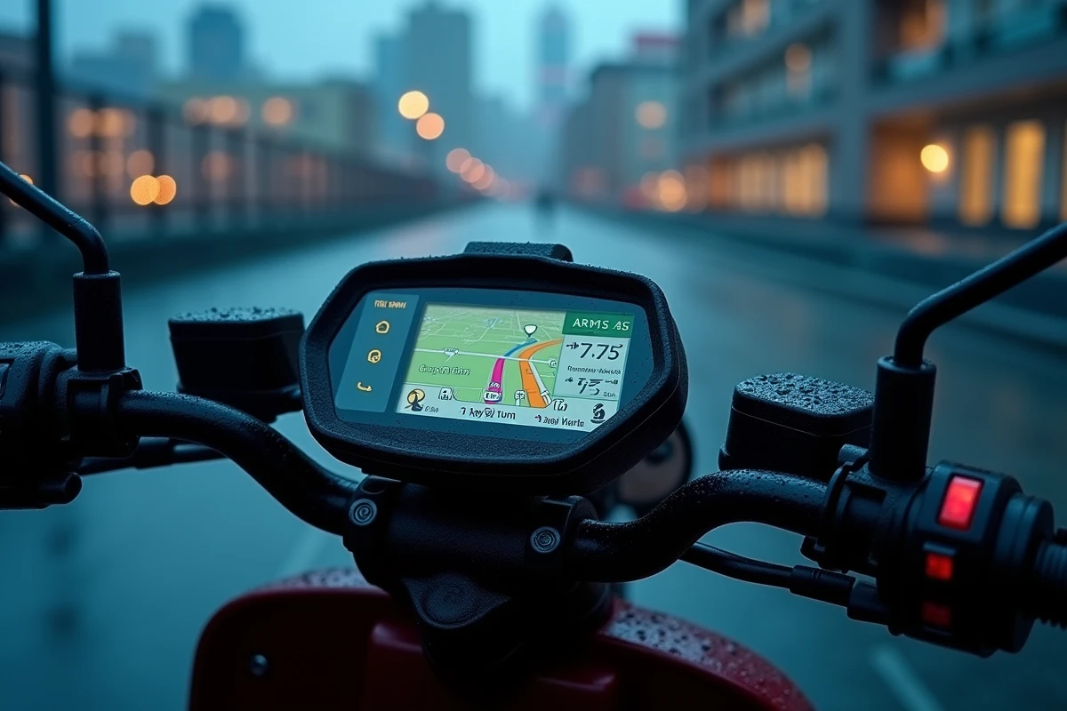 Gros plan sur un GPS étanche monté sur le guidon d'un scooter sous la pluie nocturne en ville