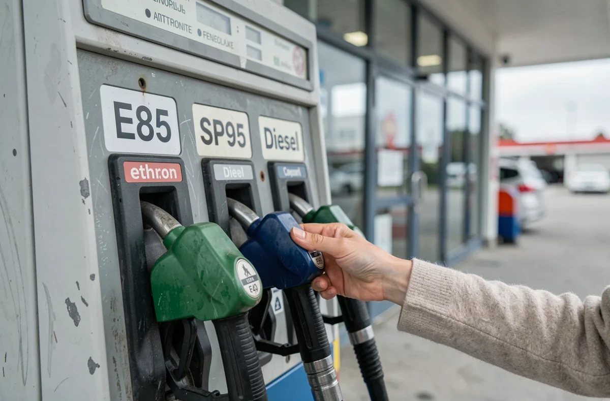 Gros plan sur les pistolets de carburant d'une station-service montrant les options E85, SP95 et diesel