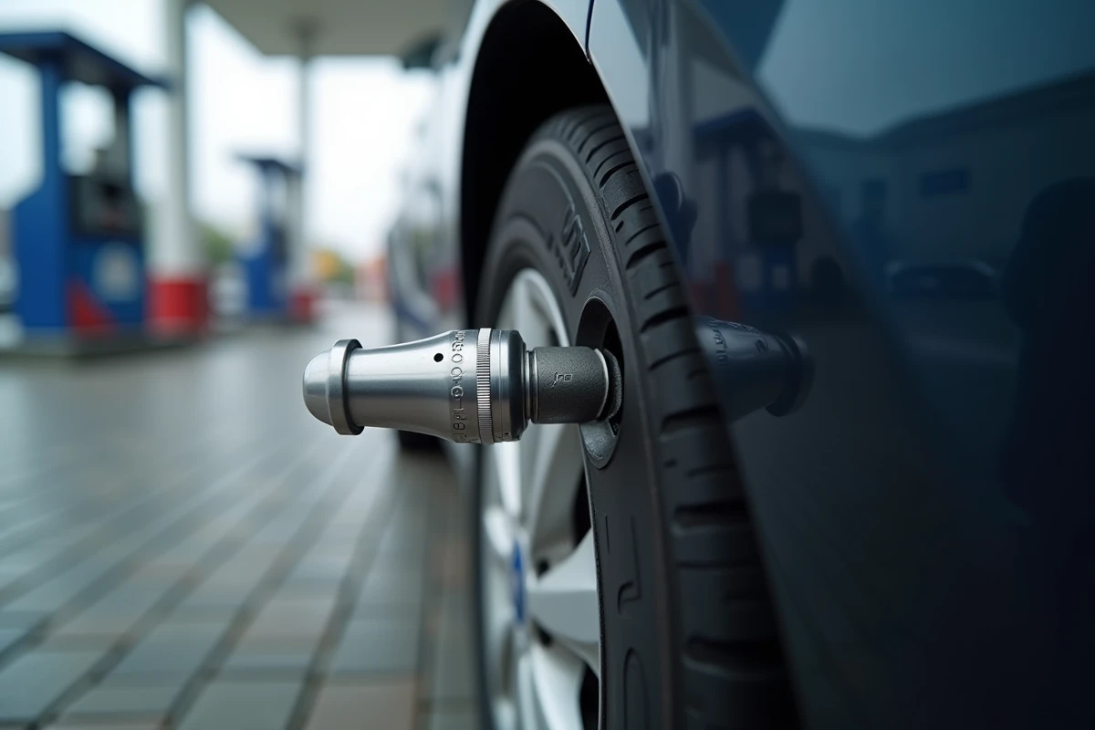 Gros plan sur la valve d'un pneu de Ford Fiesta connectée à un gonfleur numérique dans une station-service
