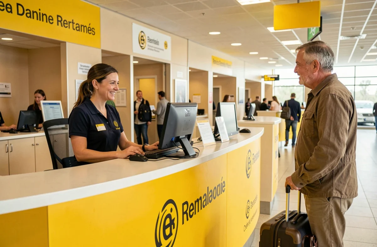 Comptoir Hertz à Beauvais avec hôtesse accueillant un voyageur
