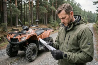 Homme debout à côté d'un quad Polaris sur un chemin forestier, consultant son contrat d'assurance