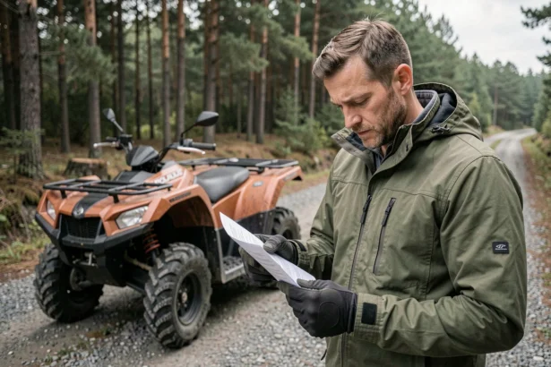 Homme debout à côté d'un quad Polaris sur un chemin forestier, consultant son contrat d'assurance