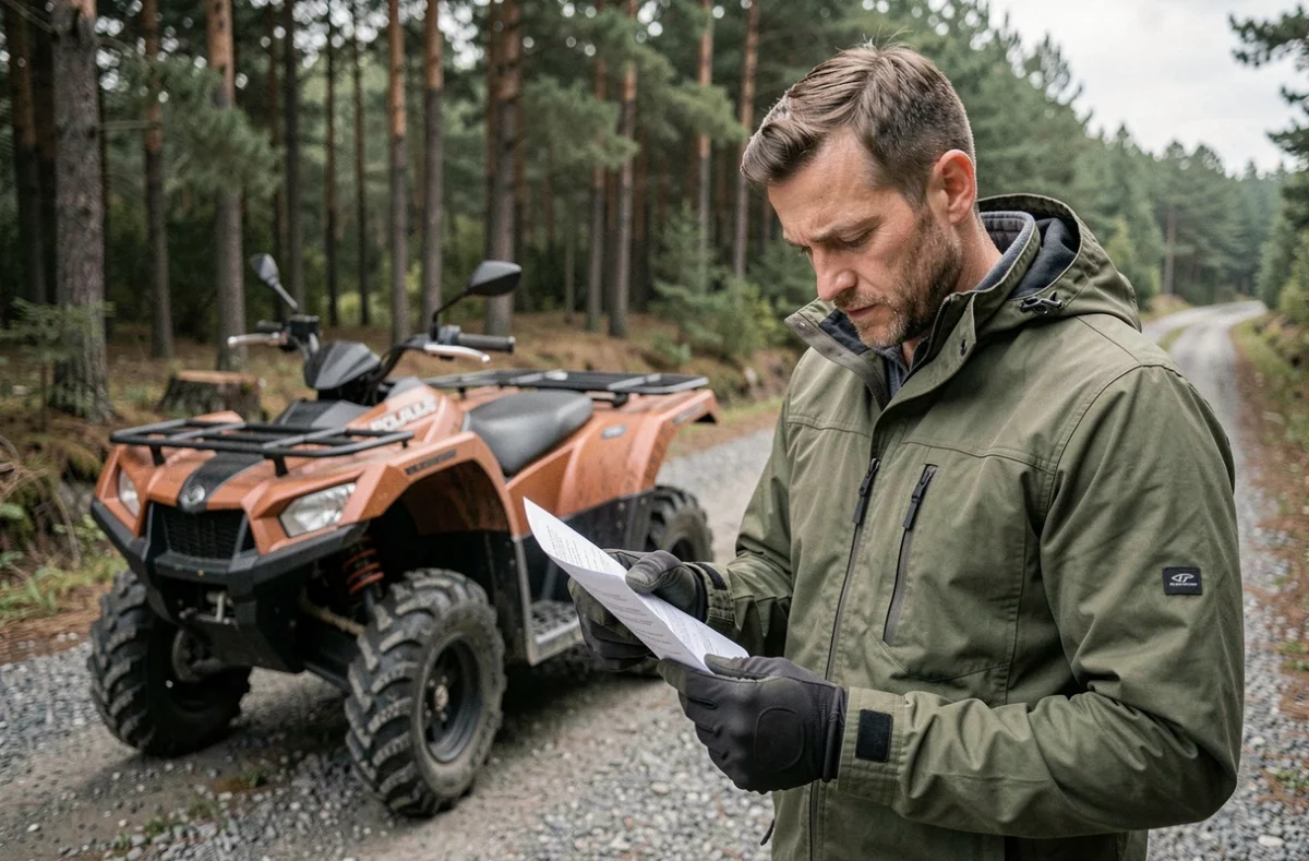 Homme debout à côté d'un quad Polaris sur un chemin forestier, consultant son contrat d'assurance