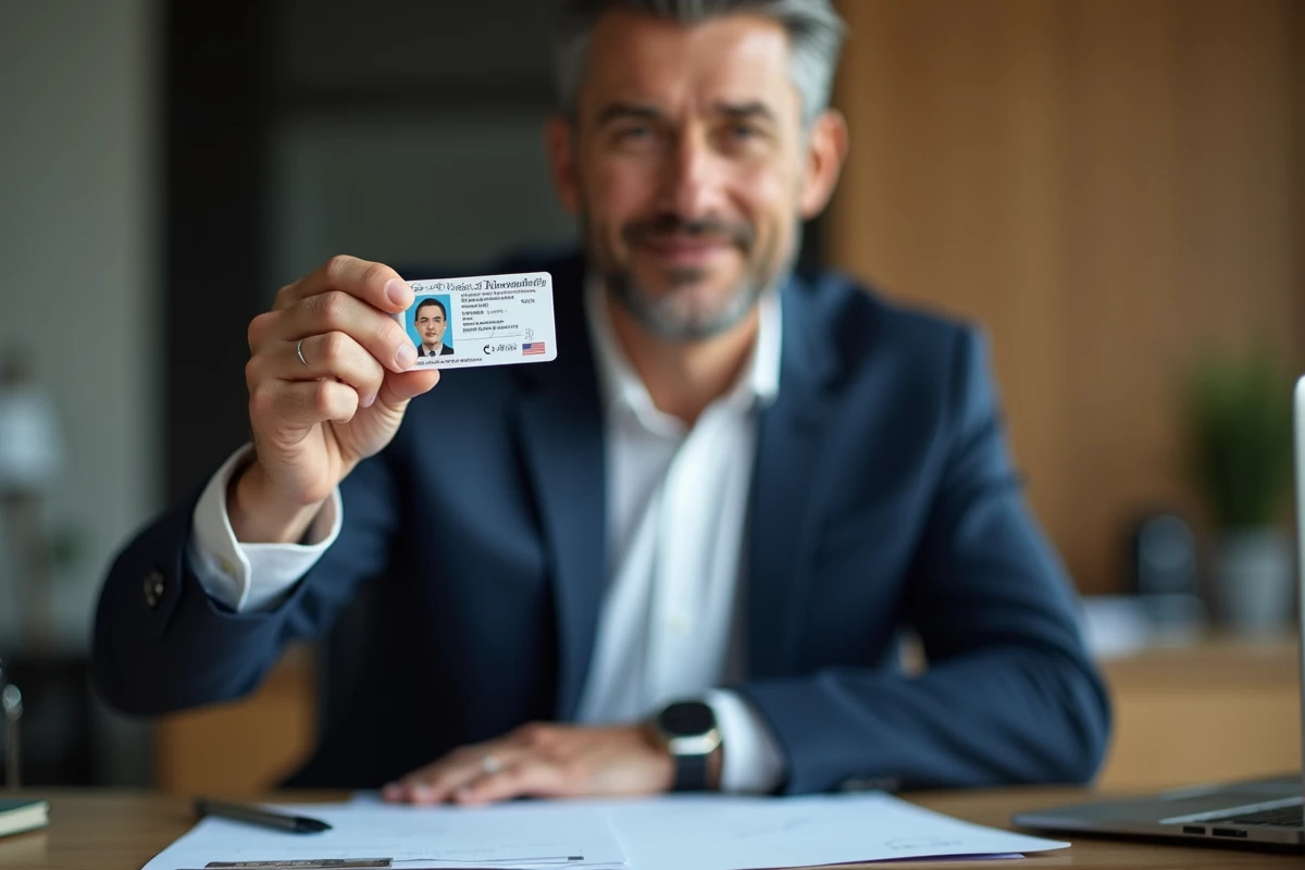 Homme d'affaires avec permis de conduire en main dans son bureau