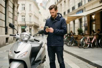 Homme consultant son téléphone pour comparer le prix d'une assurance scooter 300cc en ville