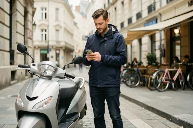Homme consultant son téléphone pour comparer le prix d'une assurance scooter 300cc en ville