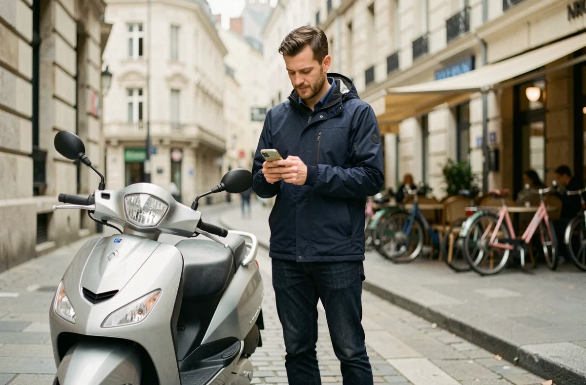 Homme consultant son téléphone pour comparer le prix d'une assurance scooter 300cc en ville