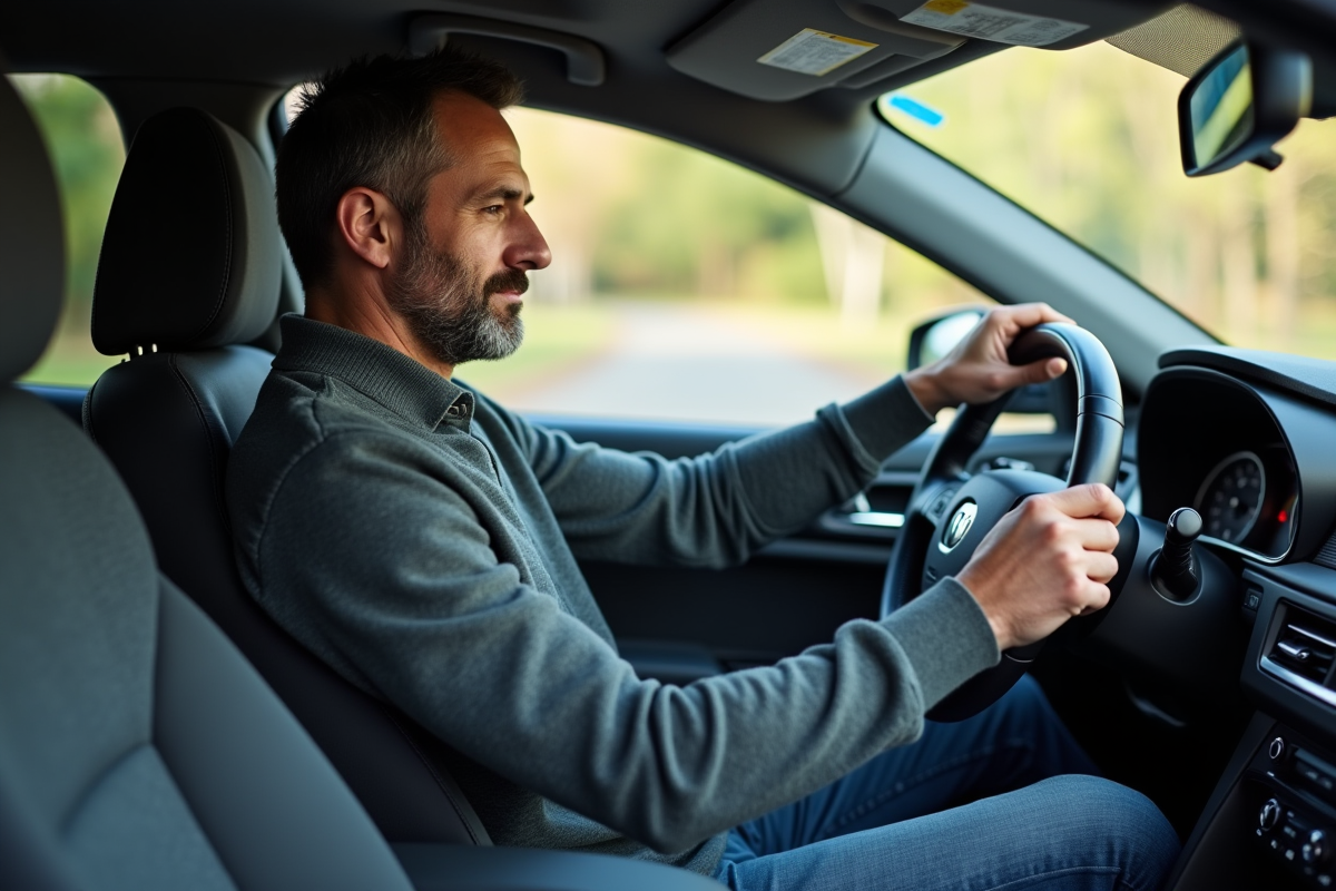 Homme d'âge moyen dans une voiture moderne regardant le tableau de bord
