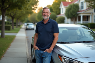Homme confiant en voiture sedan dans un quartier résidentiel